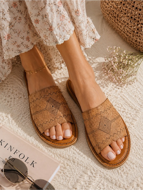 Tony Lama Shoes - Tony Lama Tan Patterned Slide Sandals